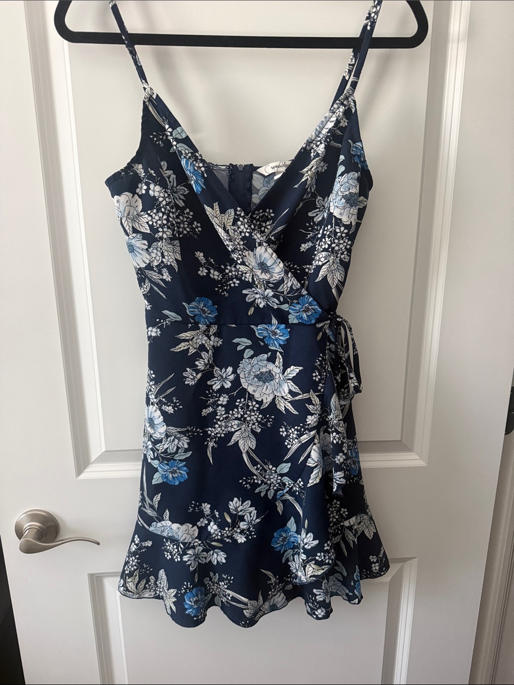 Speechless Navy Floral Wrap Mini Dress with Blue and White Blooms